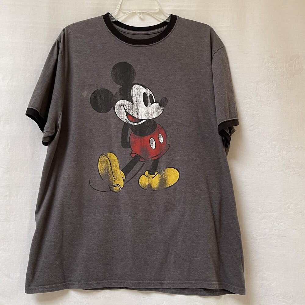 Disney Parks Ringer T Shirt Top Womens‎ XL Mickey Mouse Gray Grunge Vacation